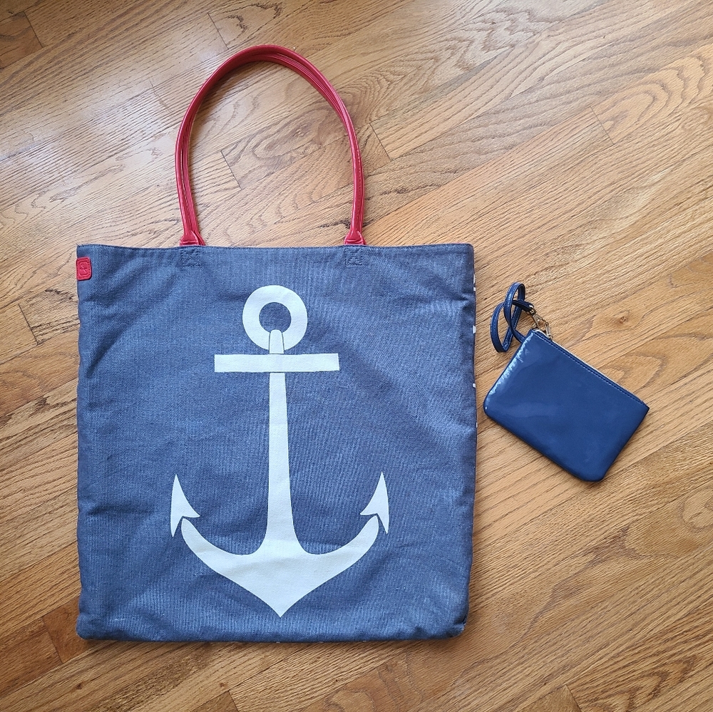Reversible Tote Bag with Matching Pouch (Anchors)